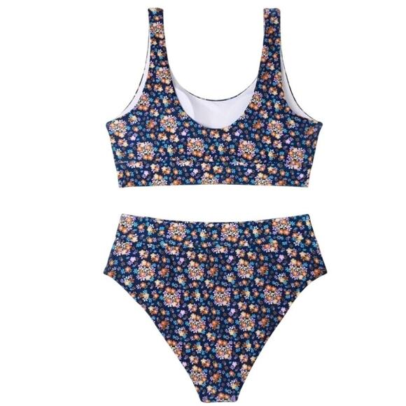 Womens 2 Piece Swimsuit Small Blue Ditsy Scoop Neck Floral Bikini High Cut Cheek - Picture 2 of 8